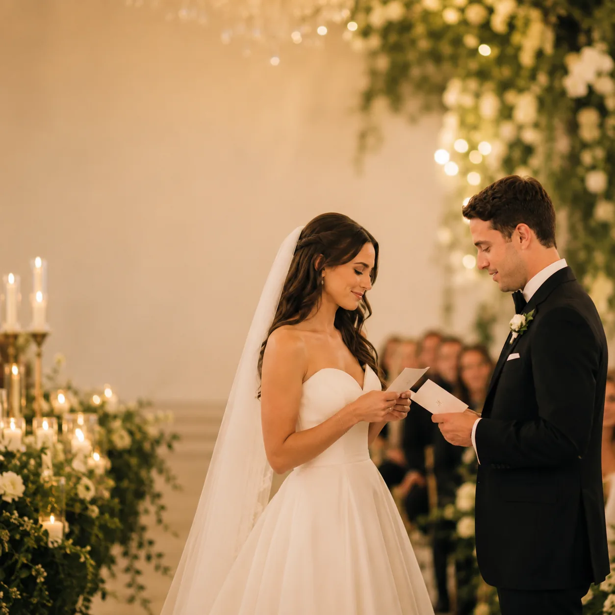 Bride and groom exchanging wedding vows at their ceremony