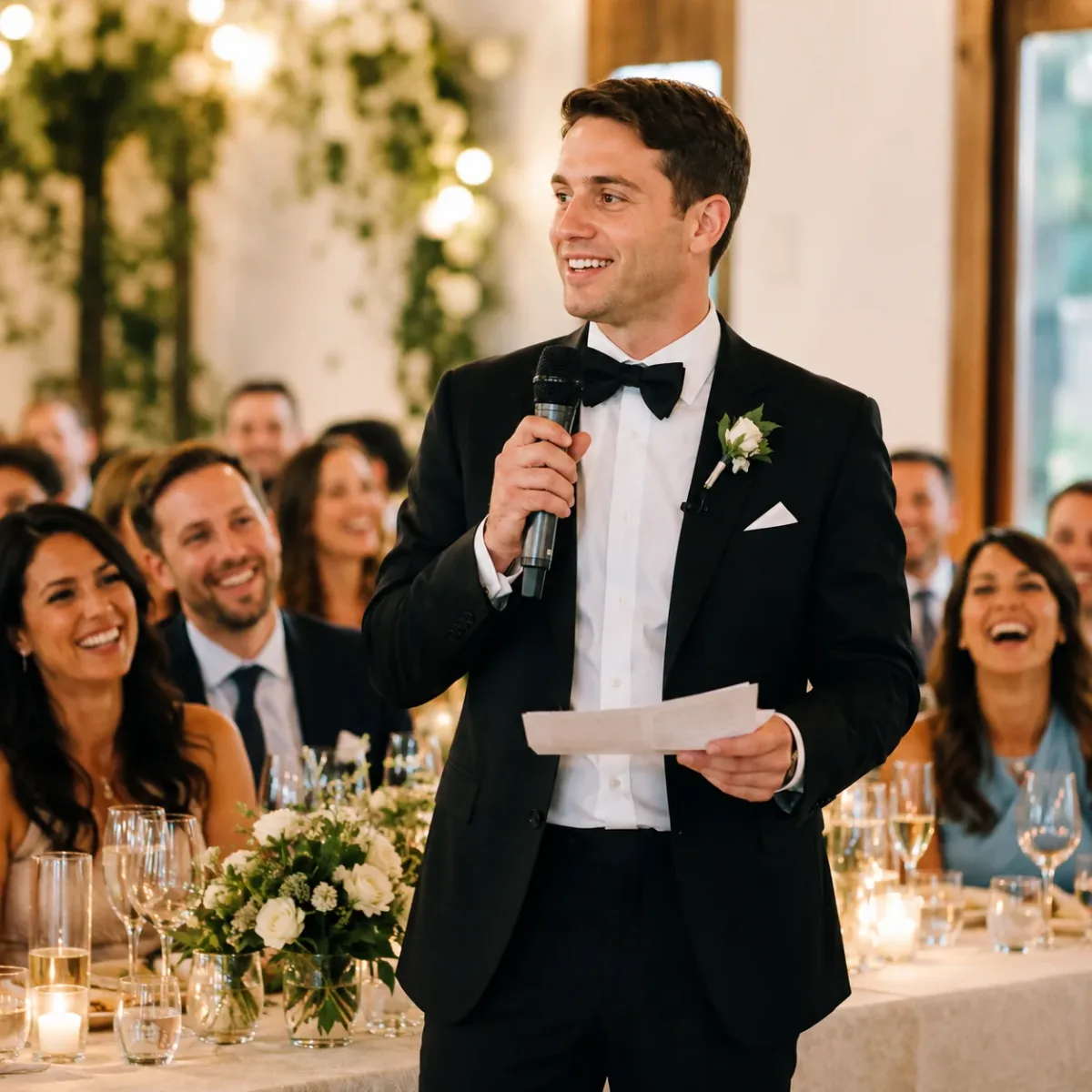 Groom giving a wedding speech at reception while guests smile