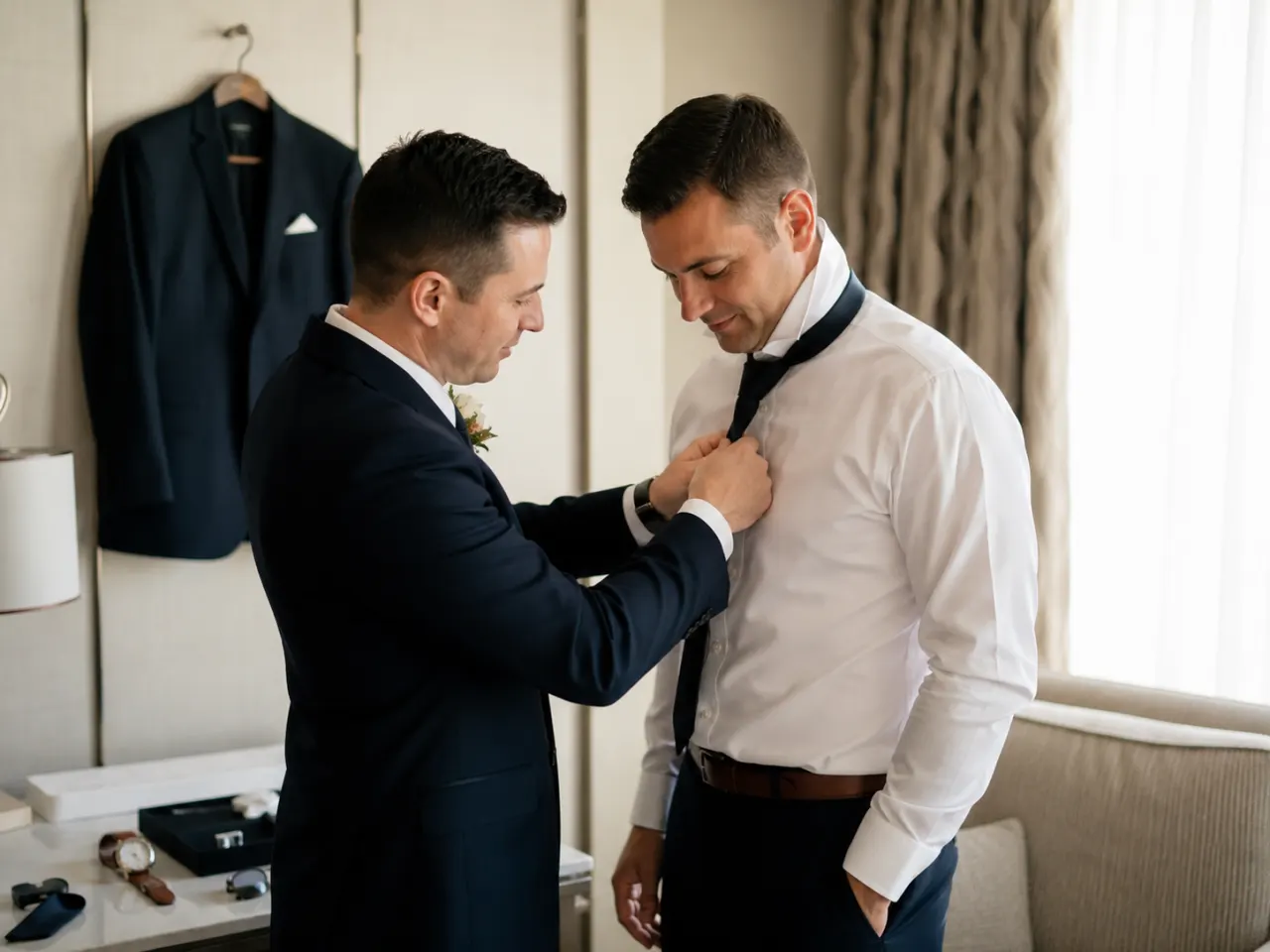 Best man helping the groom with his bow tie in the suite before the wedding ceremony