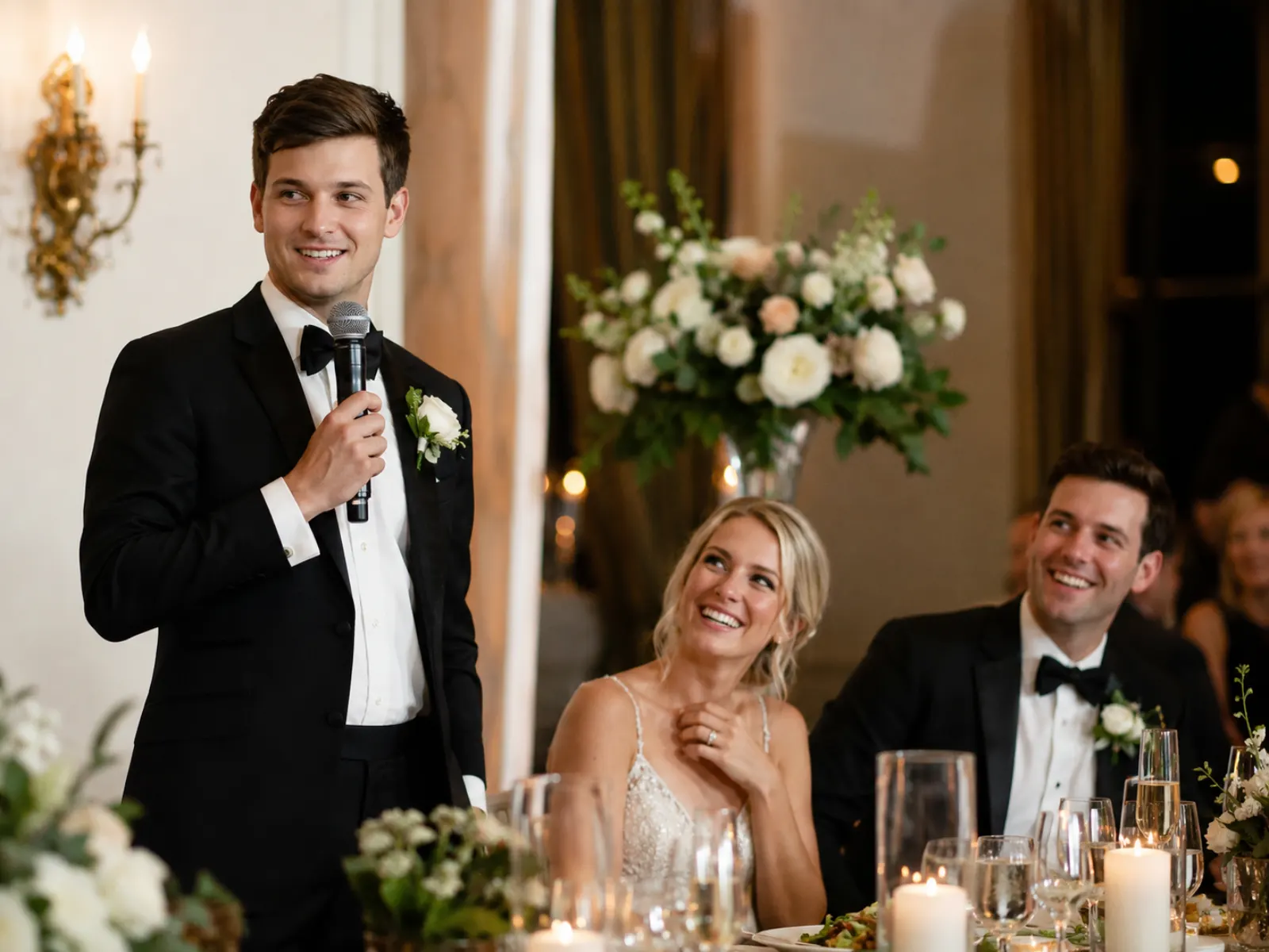 Bride smiling beside the groom as he reads a handwritten note before the wedding ceremony