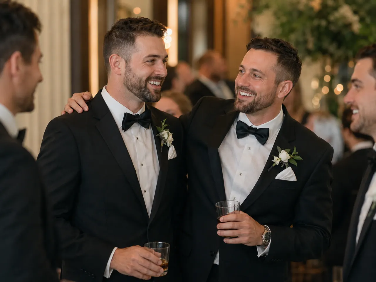 Groom laughing with his brother and groomsmen in tuxedos during the wedding reception