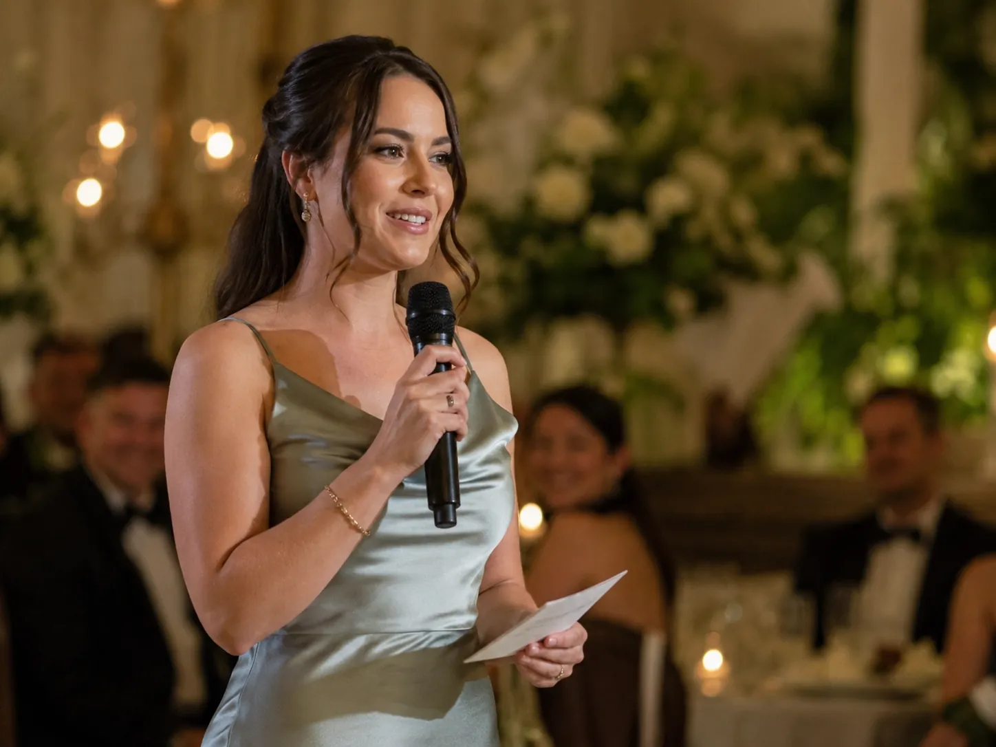 Maid of honor in a sage satin dress holding speech notes and a microphone while delivering a wedding speech at a candlelit reception