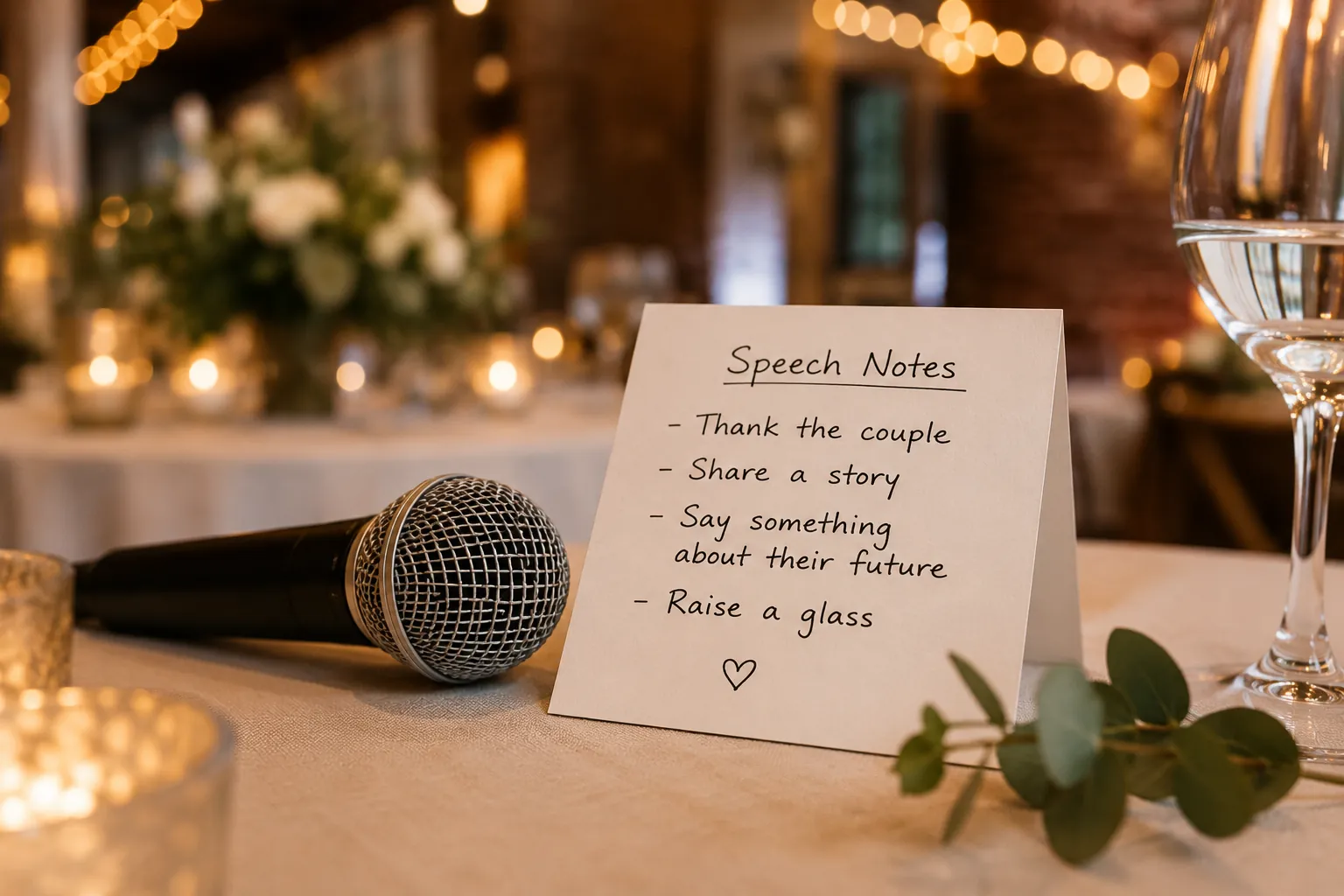 Handwritten Speech Notes card with bullet points beside a microphone and candlelight on a wedding reception table