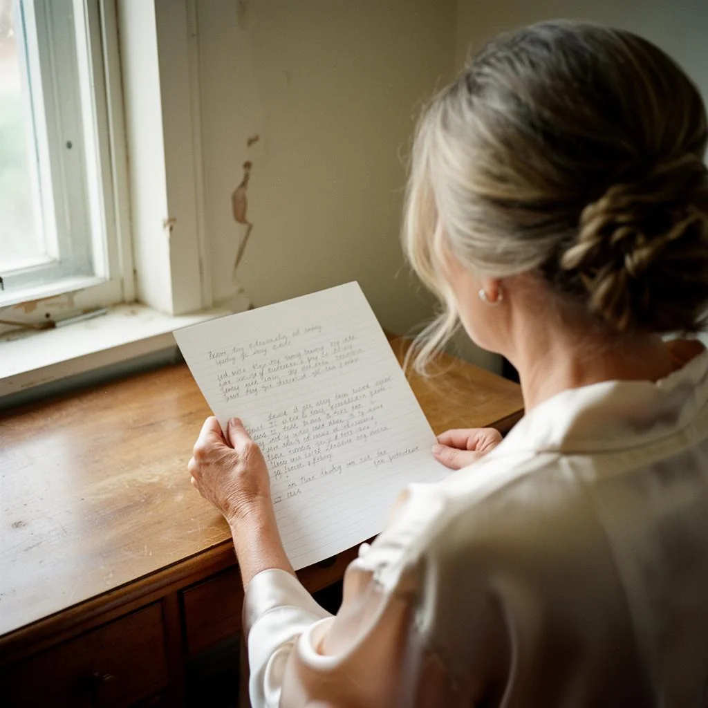Mother of the bride reviewing speech notes before the reception