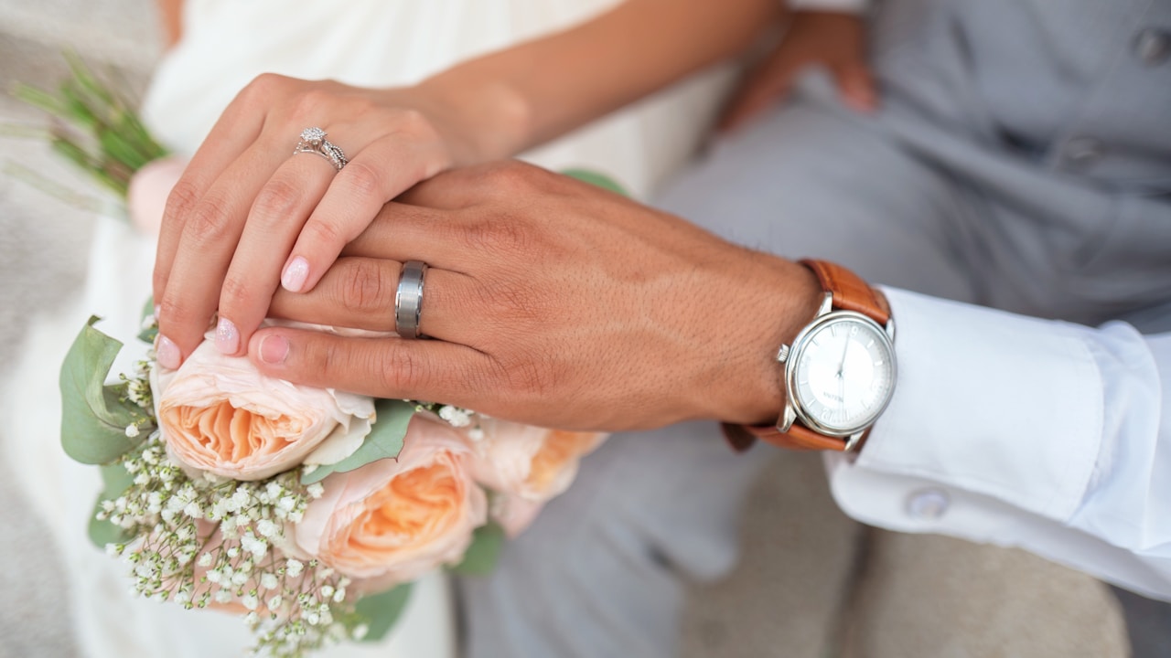 Wedding couple in a romantic outdoor portrait
