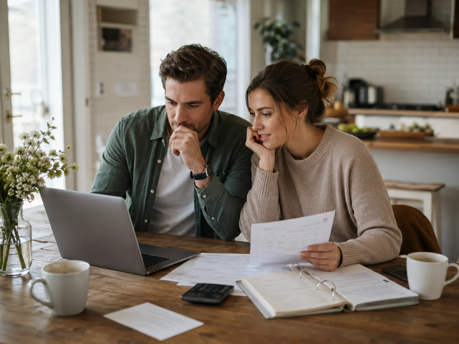 Couple at a kitchen table comparing wedding speechwriter quotes on a laptop with paperwork, a calculator, and notebooks spread out