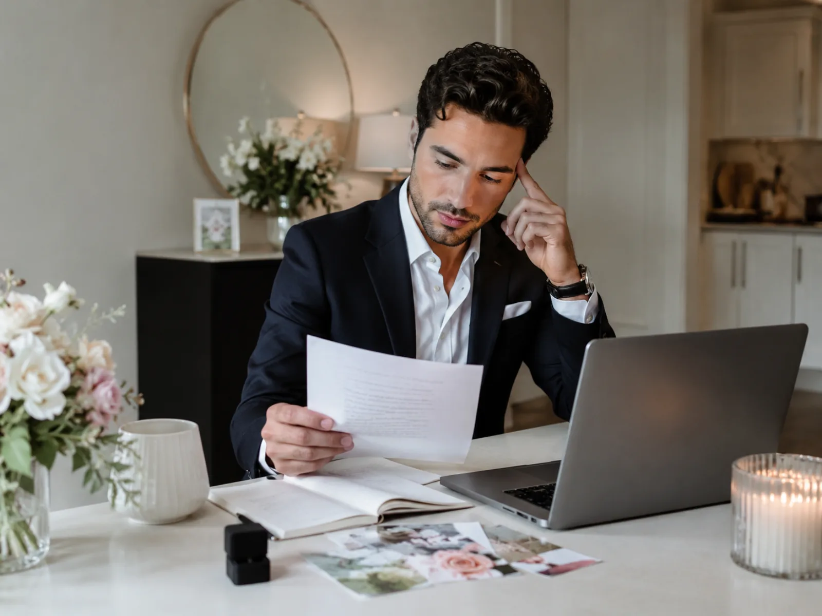 Groom in a navy suit at a marble desk thoughtfully reviewing a printed wedding speech draft beside a laptop and fresh florals