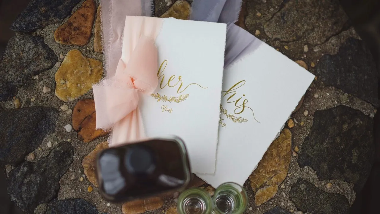 Handwritten his and her vow cards tied with a blush silk ribbon on a stone garden table