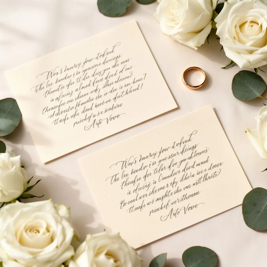 Handwritten wedding vow cards on a table