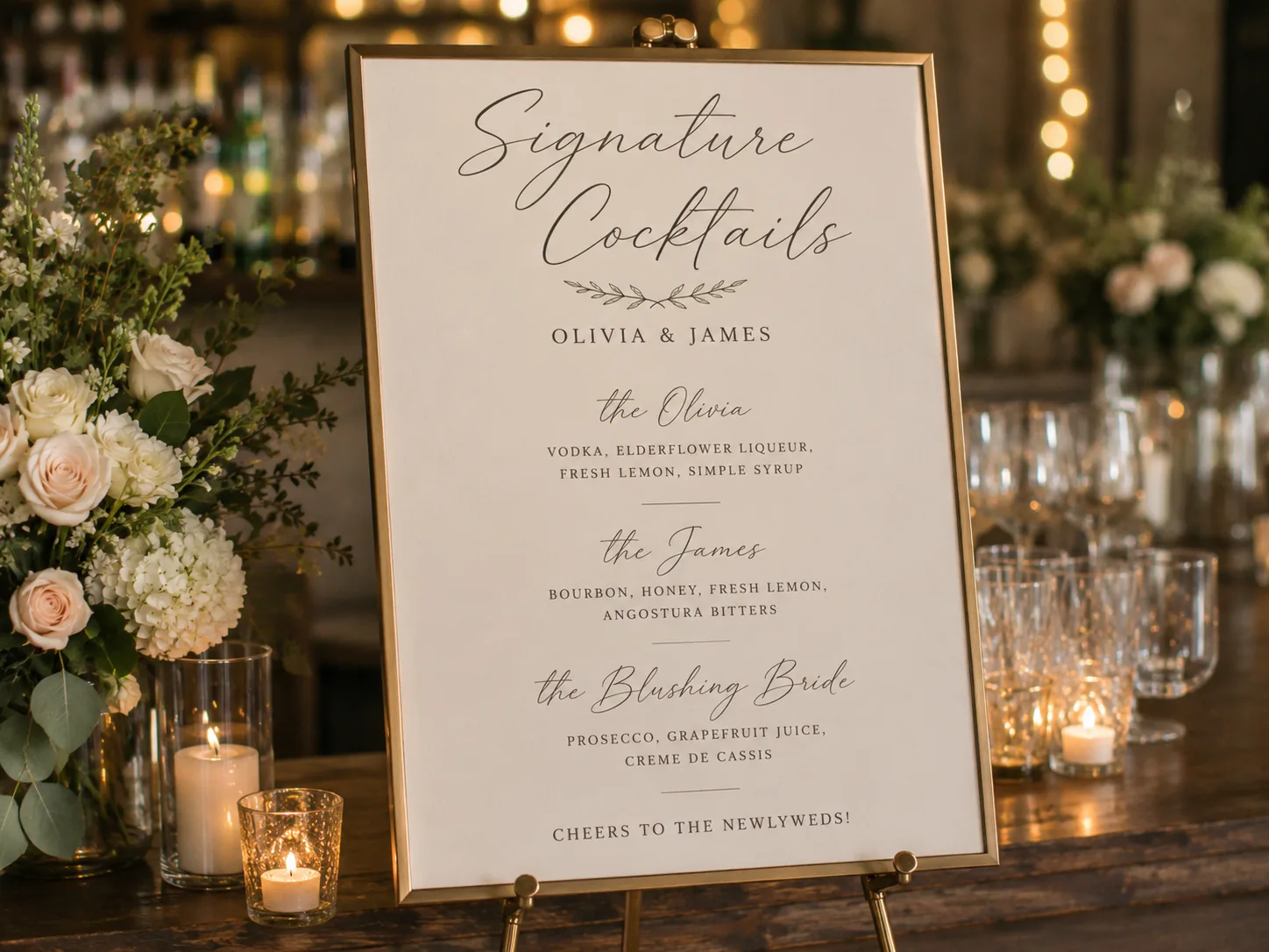 Elegant gold-framed signature cocktails wedding sign on a candlelit bar surrounded by white florals