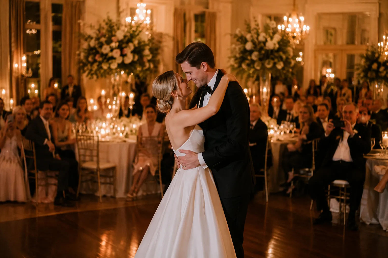 Bride and groom sharing their first dance in a candlelit ballroom while seated guests watch